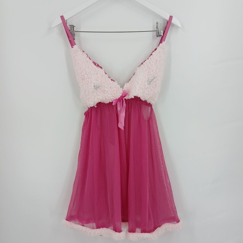 women Austin Powers Fembot Costume Hot Pink Sheer Mesh Babydoll Slip Dress large